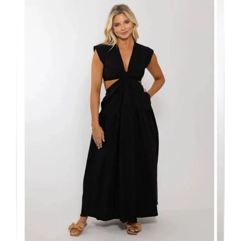 Karlie Black Cutout Maxi Dress Womens Small Cotton Deep V Neck Open Waist